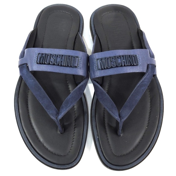 MOSCHINO ?? MEN\'S BLUE SOFT LEATHER COMFORT FLAT SUMMER SANDALS main image 7